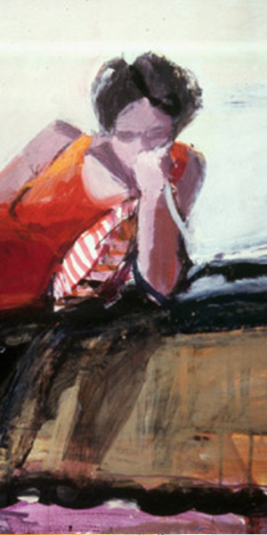 Painting of woman in red dress reclining.